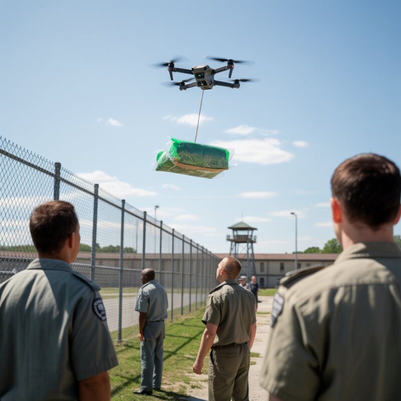 Drone releasing a green parcel above a prison yard