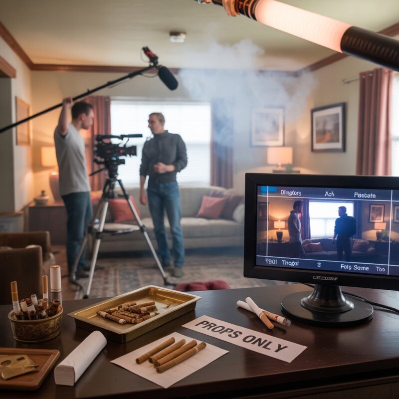 Film set with prop herbal cigarettes and movie smoke rig