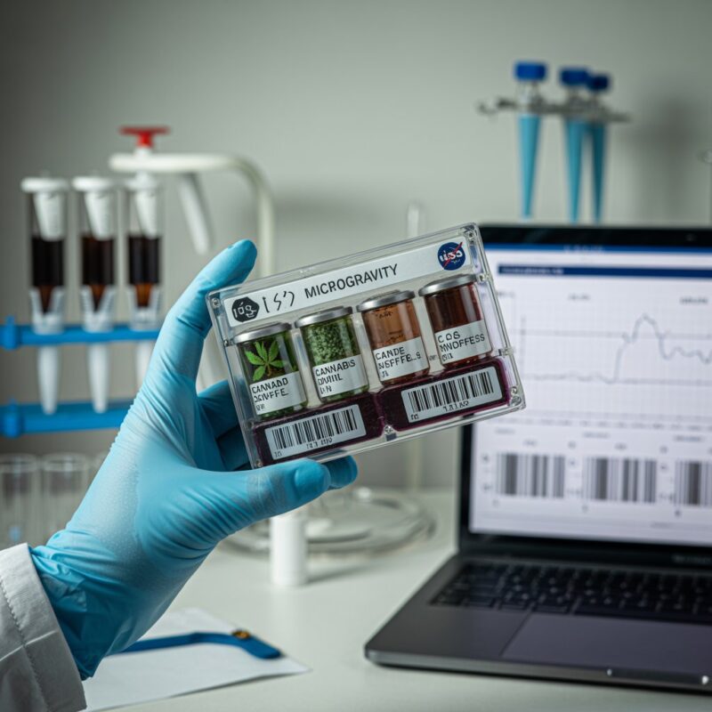 Close up of ISS plant cell experiment cassette with cannabis cell vials