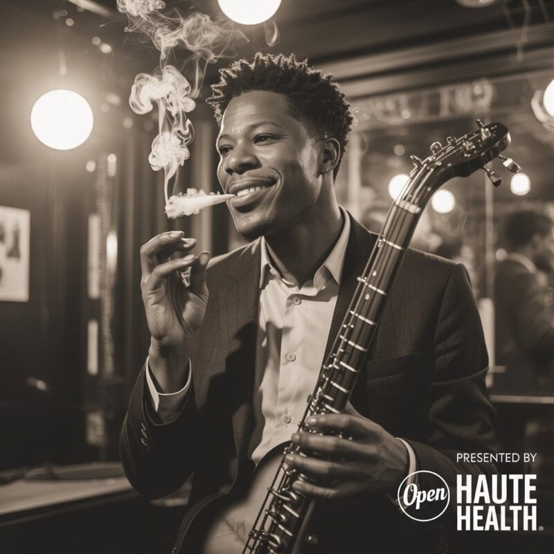 Jazz musician enjoying cannabis while playing saxophone Canada
